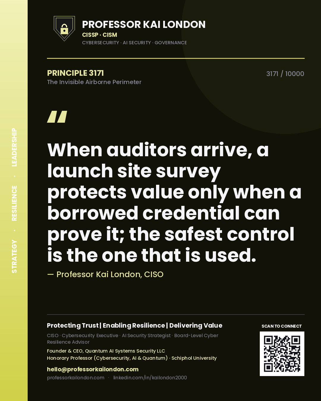 Quote card by Professor Kai London reading 'When auditors arrive, a launch site survey protects value only when a borrowed credential can prove it; the safest control is the one that is used.'. From the book The Invisible Airborne Perimeter.