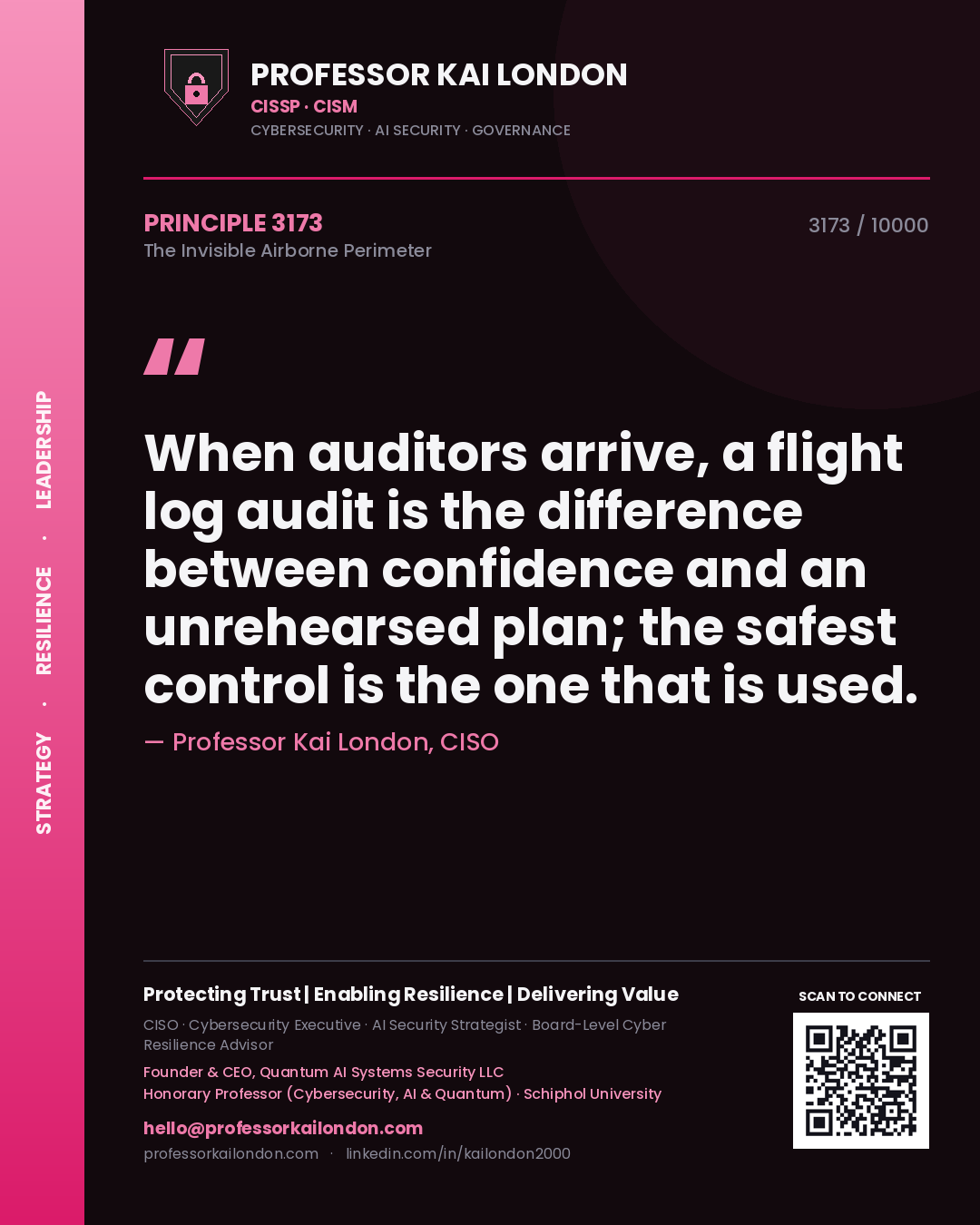 Quote card by Professor Kai London reading 'When auditors arrive, a flight log audit is the difference between confidence and an unrehearsed plan; the safest control is the one that is used.'. From the book The Invisible Airborne Perimeter.
