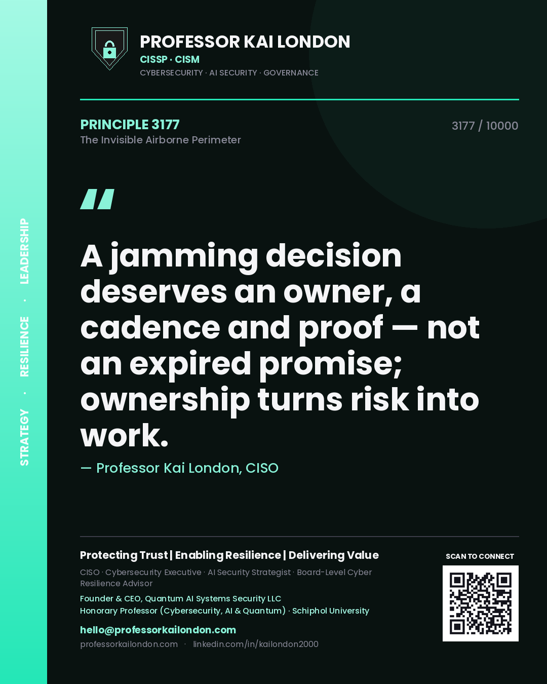 Quote card by Professor Kai London reading 'A jamming decision deserves an owner, a cadence and proof — not an expired promise; ownership turns risk into work.'. From the book The Invisible Airborne Perimeter.