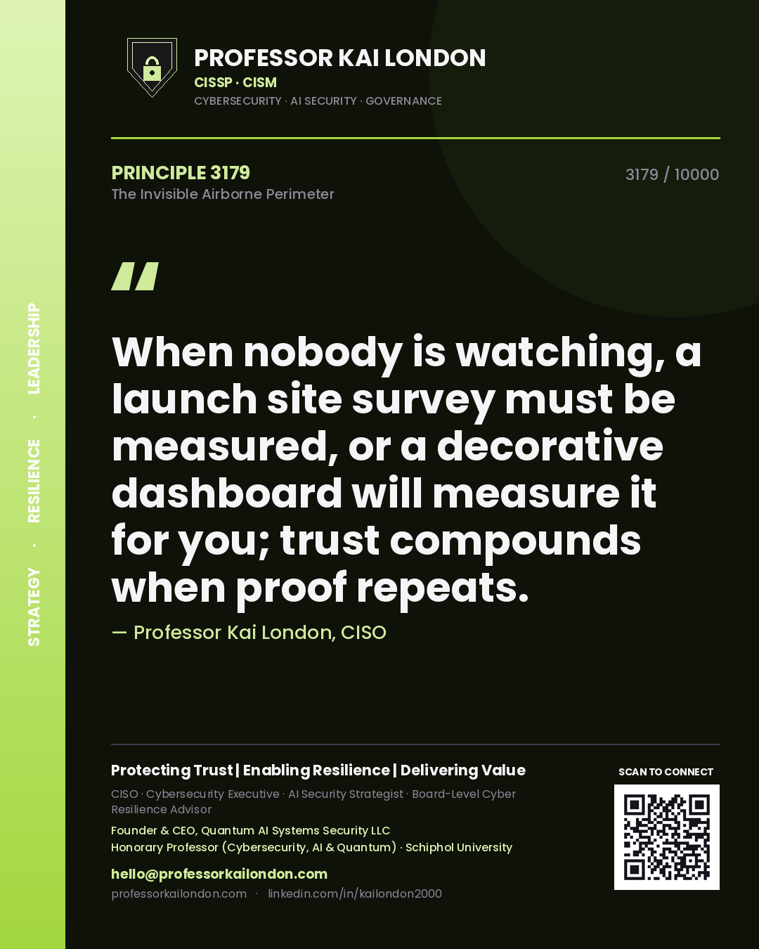 Quote card by Professor Kai London reading 'When nobody is watching, a launch site survey must be measured, or a decorative dashboard will measure it for you; trust compounds when proof repeats.'. From the book The Invisible Airborne Perimeter.