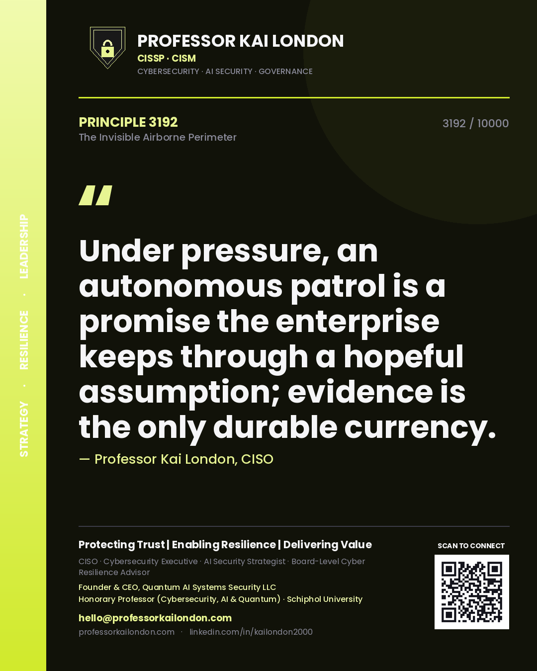 Quote card by Professor Kai London reading 'Under pressure, an autonomous patrol is a promise the enterprise keeps through a hopeful assumption; evidence is the only durable currency.'. From the book The Invisible Airborne Perimeter.