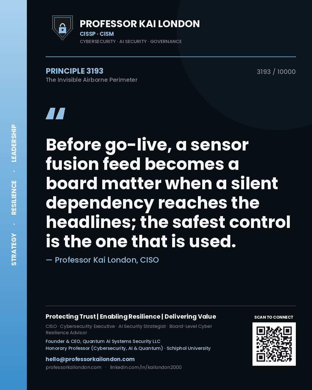 Quote card by Professor Kai London reading 'Before go-live, a sensor fusion feed becomes a board matter when a silent dependency reaches the headlines; the safest control is the one that is used.'. From the book The Invisible Airborne Perimeter.
