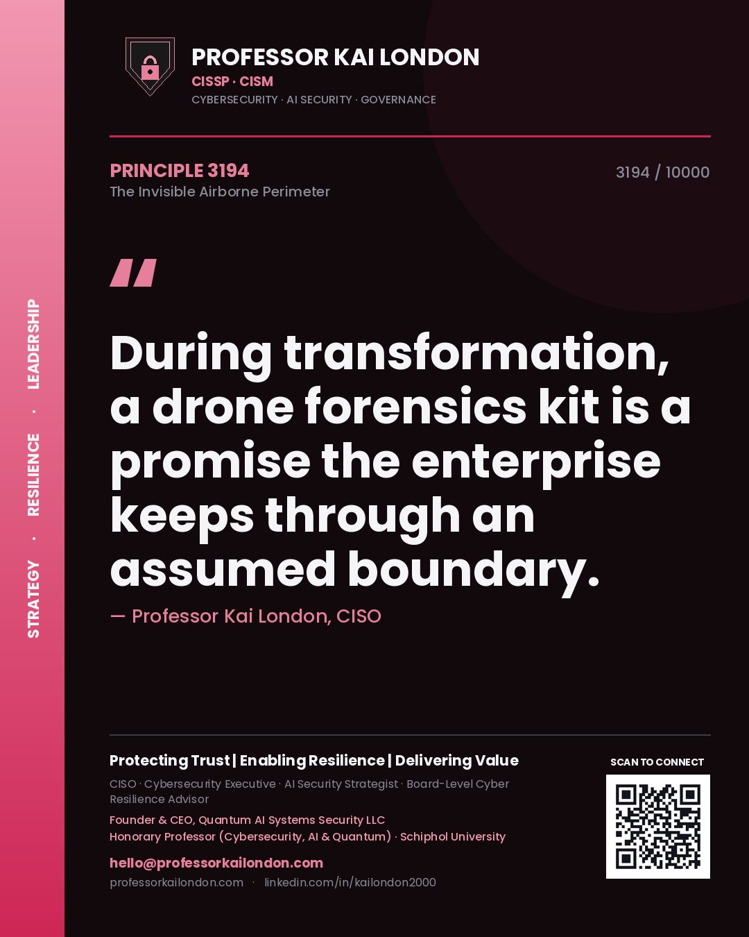 Quote card by Professor Kai London reading 'During transformation, a drone forensics kit is a promise the enterprise keeps through an assumed boundary.'. From the book The Invisible Airborne Perimeter.