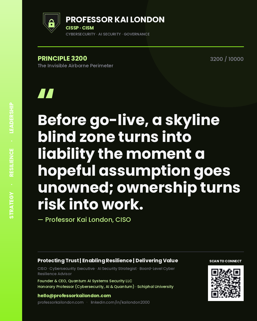 Professor Kai London principle 3200: Before go-live, a skyline blind zone turns into liability the moment a hopeful assumption goes unowned; ownership turns risk into work.