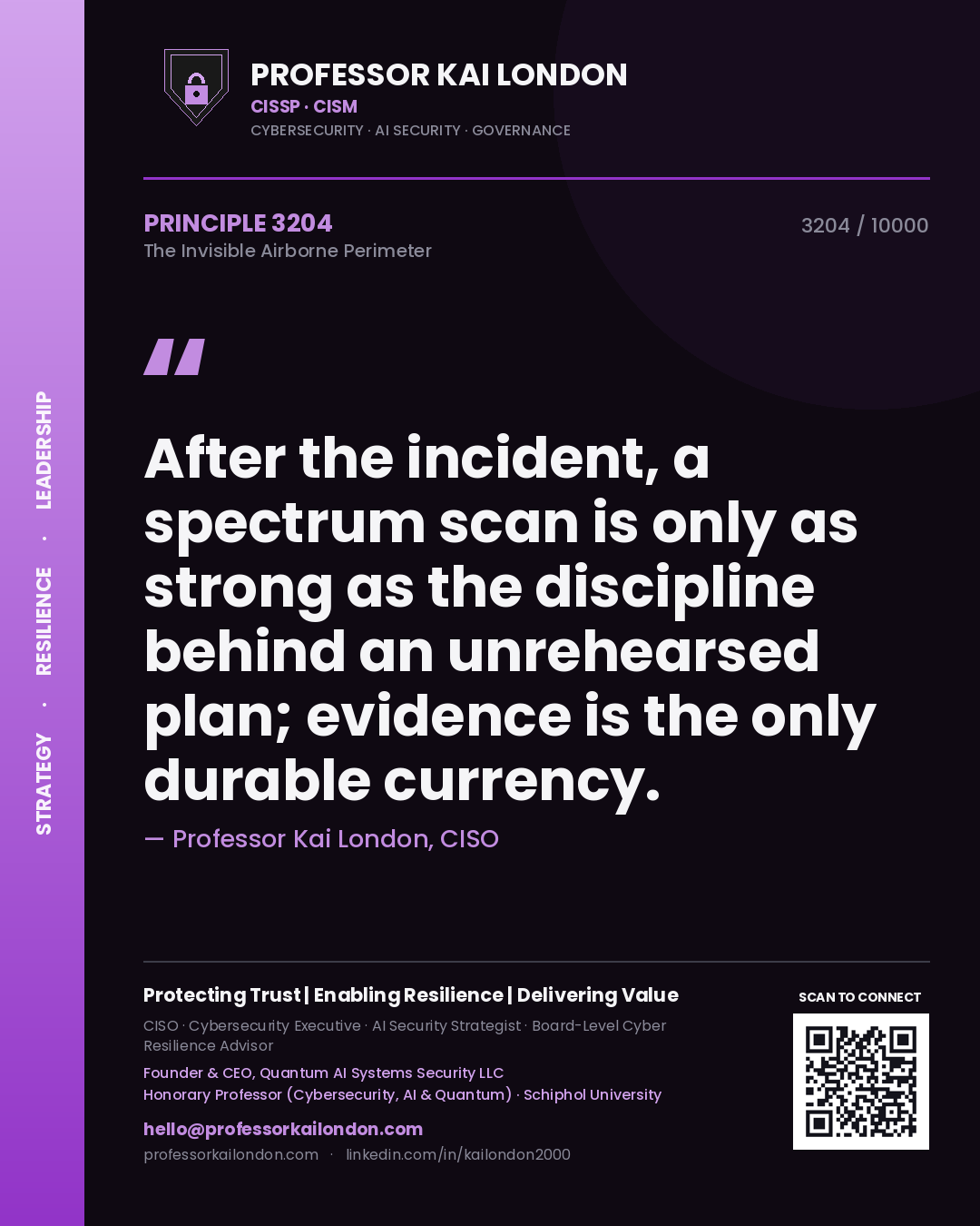 Quote card by Professor Kai London reading 'After the incident, a spectrum scan is only as strong as the discipline behind an unrehearsed plan; evidence is the only durable currency.'. From the book The Invisible Airborne Perimeter.