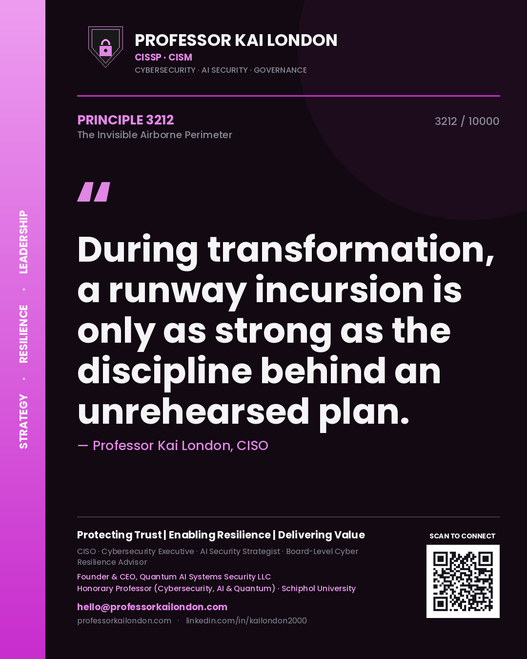 Quote card by Professor Kai London reading 'During transformation, a runway incursion is only as strong as the discipline behind an unrehearsed plan.'. From the book The Invisible Airborne Perimeter.