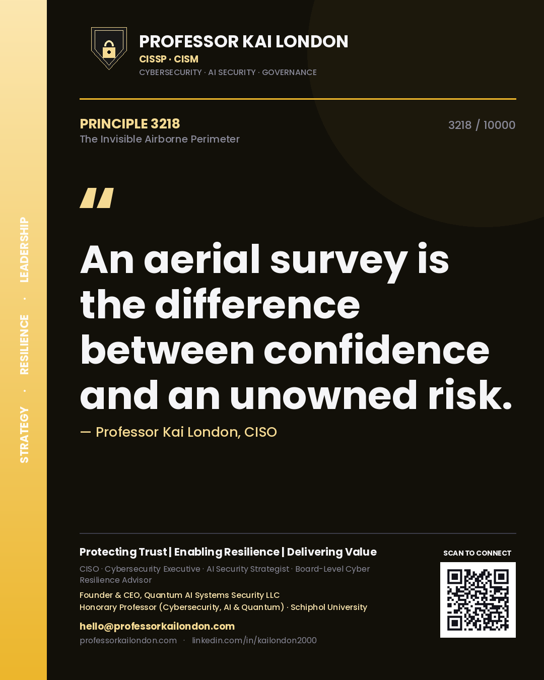 Quote card by Professor Kai London reading 'An aerial survey is the difference between confidence and an unowned risk.'. From the book The Invisible Airborne Perimeter.