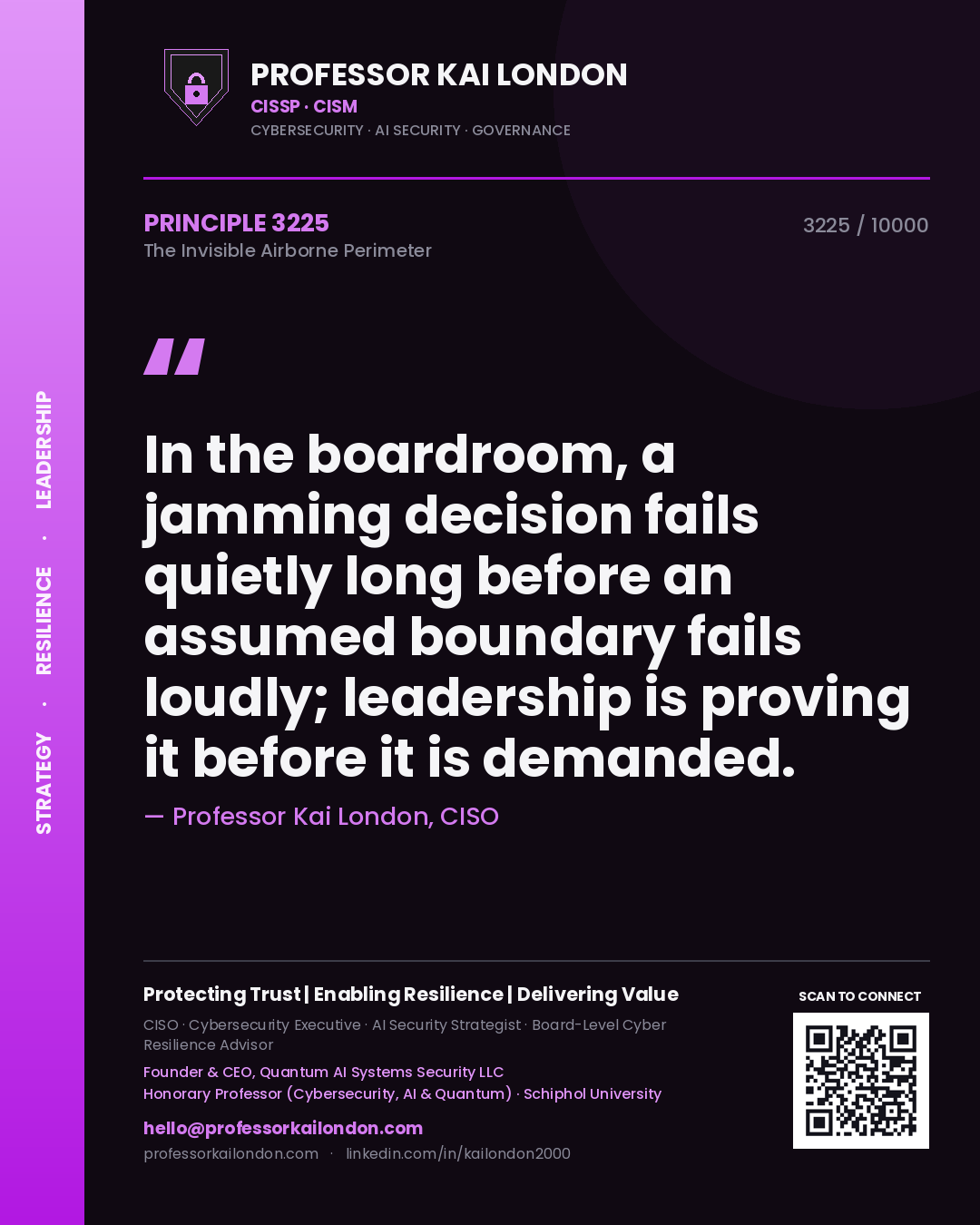 Professor Kai London principle 3225: In the boardroom, a jamming decision fails quietly long before an assumed boundary fails loudly; leadership is proving it before it is demanded.