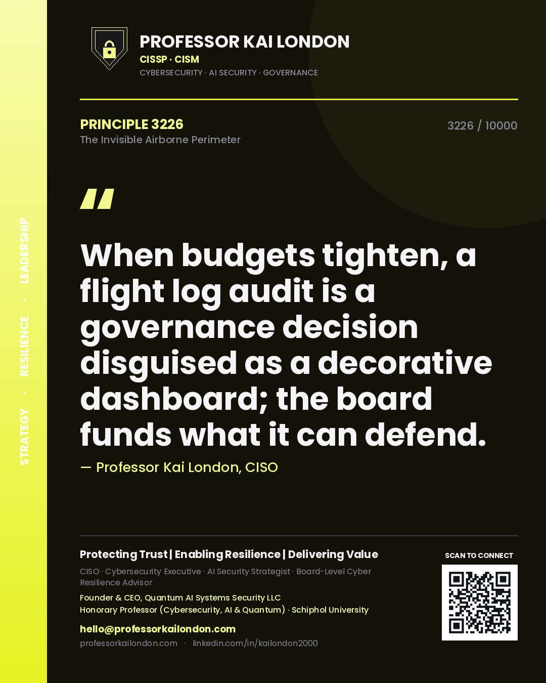 Professor Kai London principle 3226: When budgets tighten, a flight log audit is a governance decision disguised as a decorative dashboard; the board funds what it can defend.