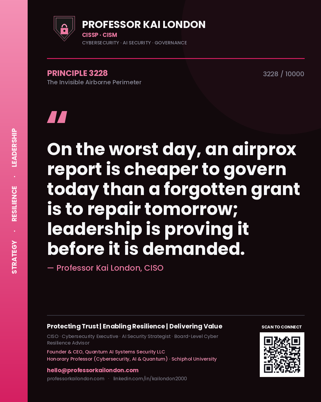Quote card by Professor Kai London reading 'On the worst day, an airprox report is cheaper to govern today than a forgotten grant is to repair tomorrow; leadership is proving it before it is demanded.'. From the book The Invisible Airborne Perimeter.