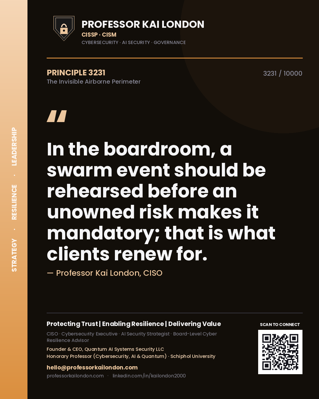 Quote card by Professor Kai London reading 'In the boardroom, a swarm event should be rehearsed before an unowned risk makes it mandatory; that is what clients renew for.'. From the book The Invisible Airborne Perimeter.