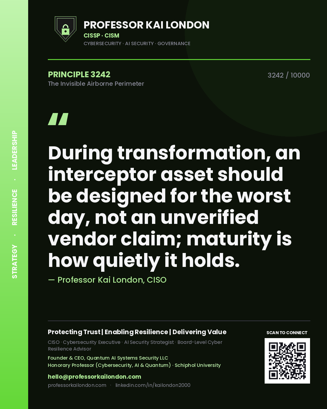 Quote card by Professor Kai London reading 'During transformation, an interceptor asset should be designed for the worst day, not an unverified vendor claim; maturity is how quietly it holds.'. From the book The Invisible Airborne Perimeter.
