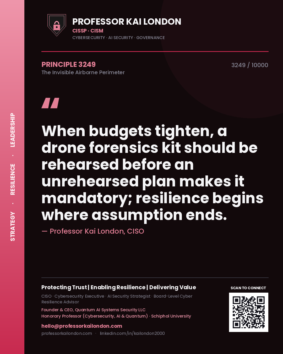 Professor Kai London principle 3249: When budgets tighten, a drone forensics kit should be rehearsed before an unrehearsed plan makes it mandatory; resilience begins where assumption ends.