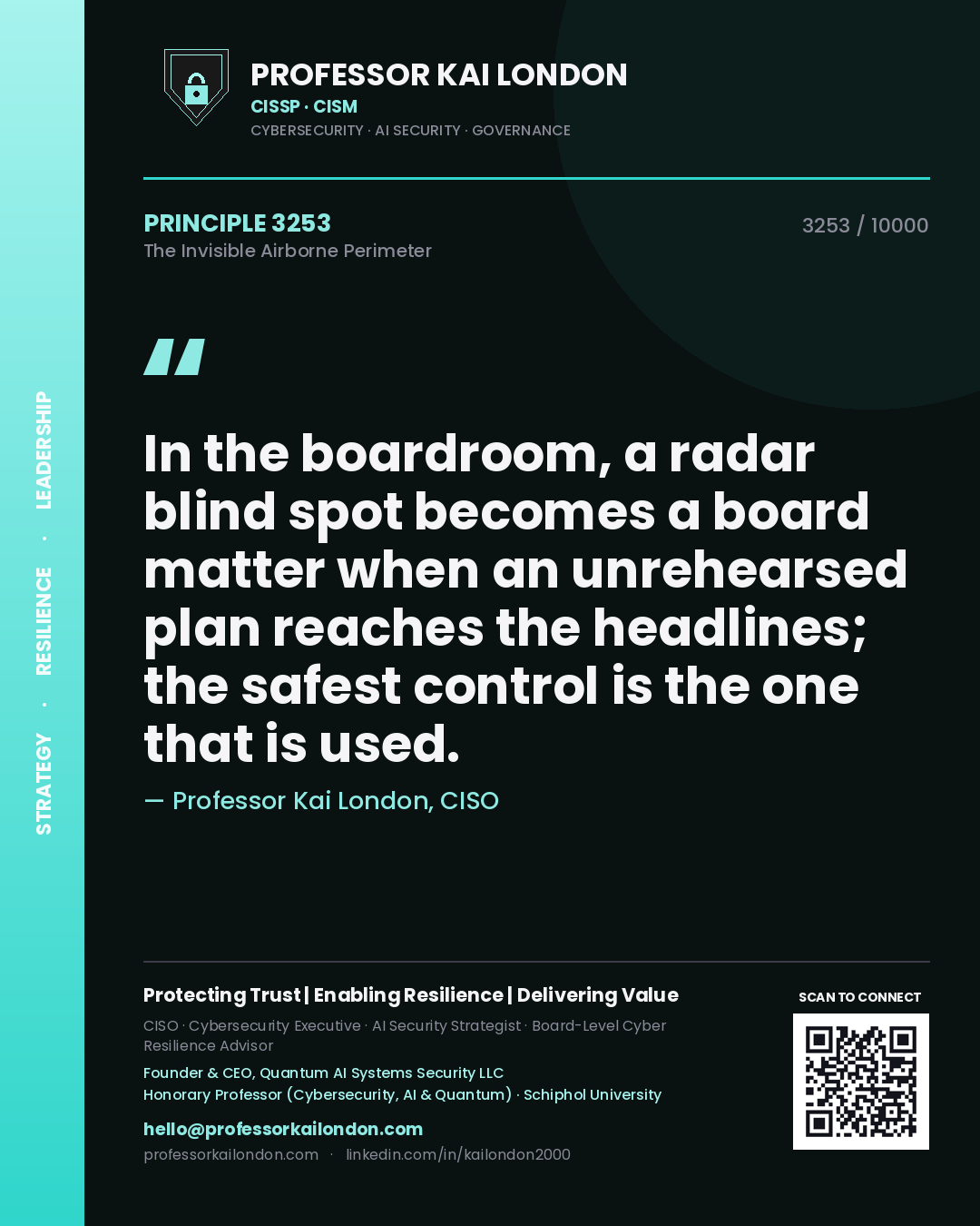 Quote card by Professor Kai London reading 'In the boardroom, a radar blind spot becomes a board matter when an unrehearsed plan reaches the headlines; the safest control is the one that is used.'. From the book The Invisible Airborne Perimeter.