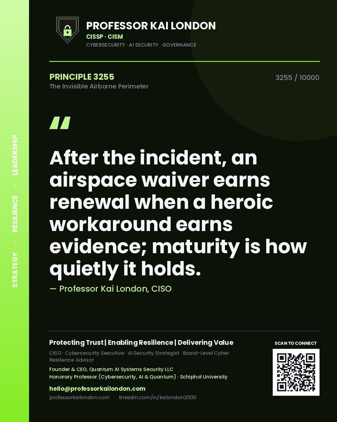 Professor Kai London principle 3255: After the incident, an airspace waiver earns renewal when a heroic workaround earns evidence; maturity is how quietly it holds.