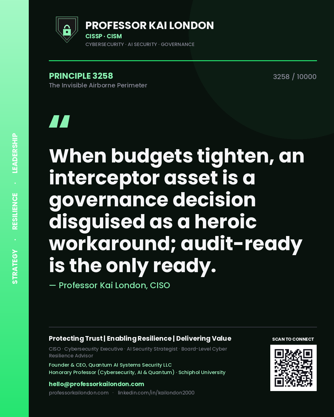 Professor Kai London principle 3258: When budgets tighten, an interceptor asset is a governance decision disguised as a heroic workaround; audit-ready is the only ready.