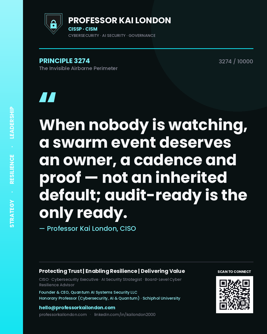 Professor Kai London principle 3274: When nobody is watching, a swarm event deserves an owner, a cadence and proof — not an inherited default; audit-ready is the only ready.