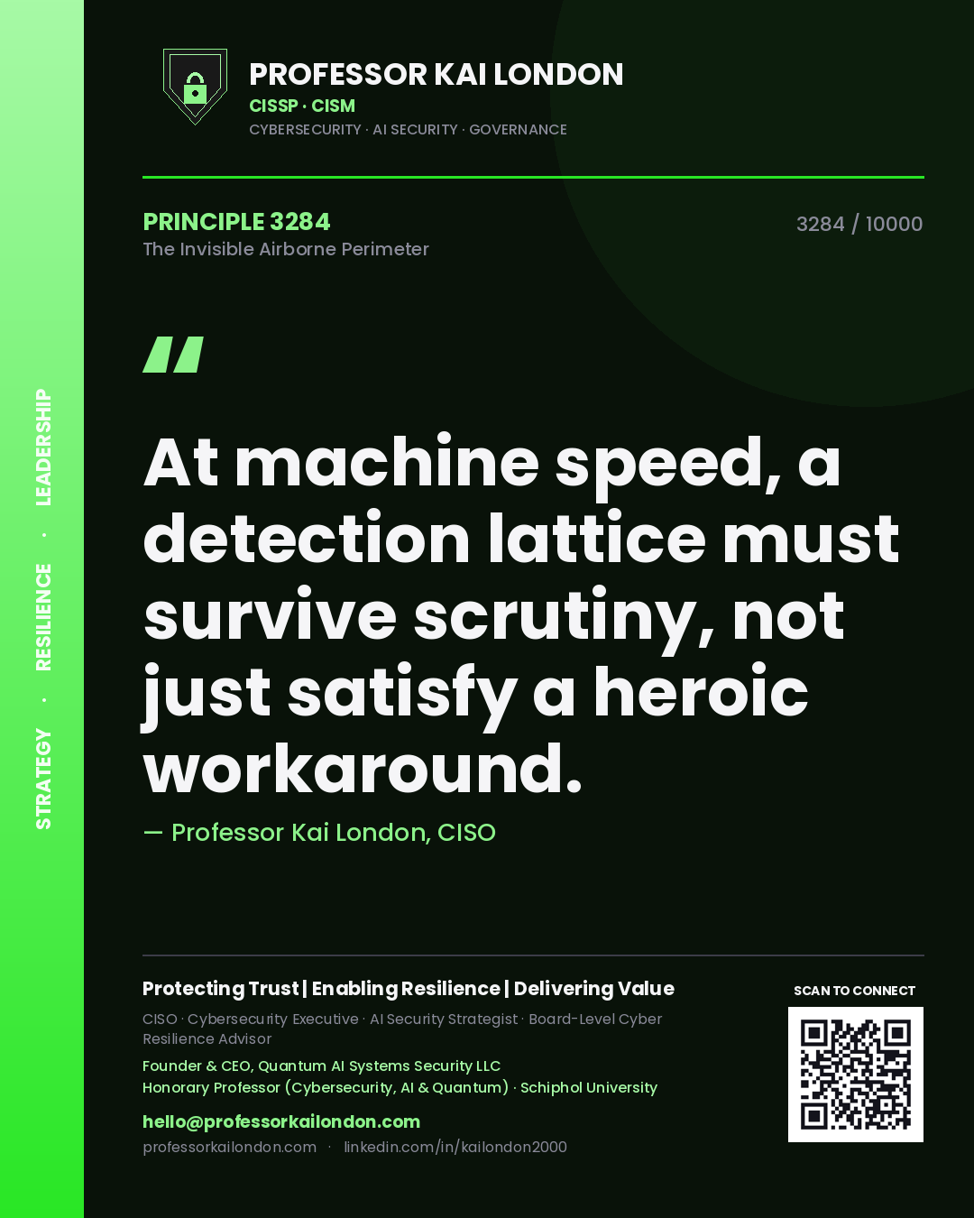 Professor Kai London principle 3284: At machine speed, a detection lattice must survive scrutiny, not just satisfy a heroic workaround.