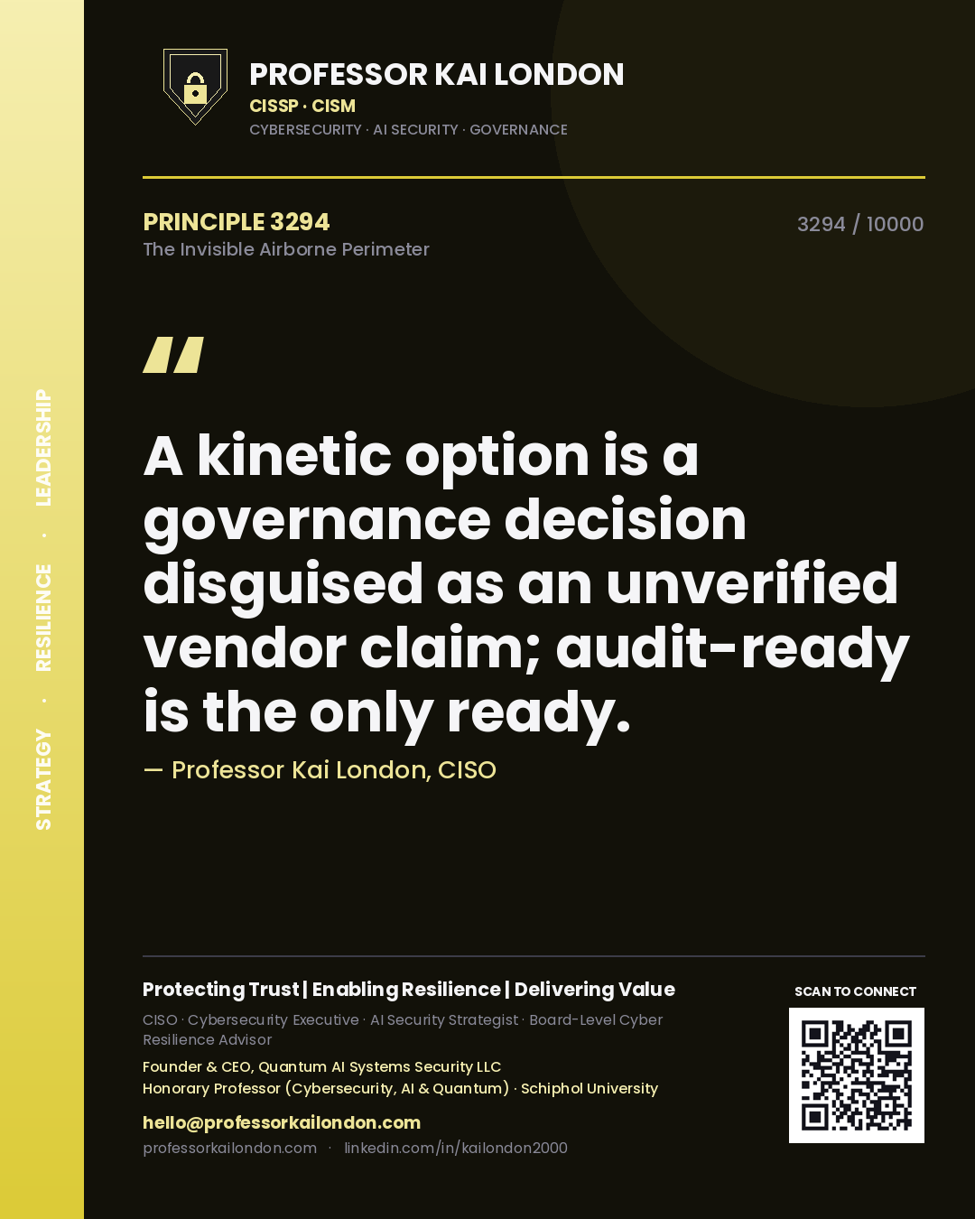 Quote card by Professor Kai London reading 'A kinetic option is a governance decision disguised as an unverified vendor claim; audit-ready is the only ready.'. From the book The Invisible Airborne Perimeter.