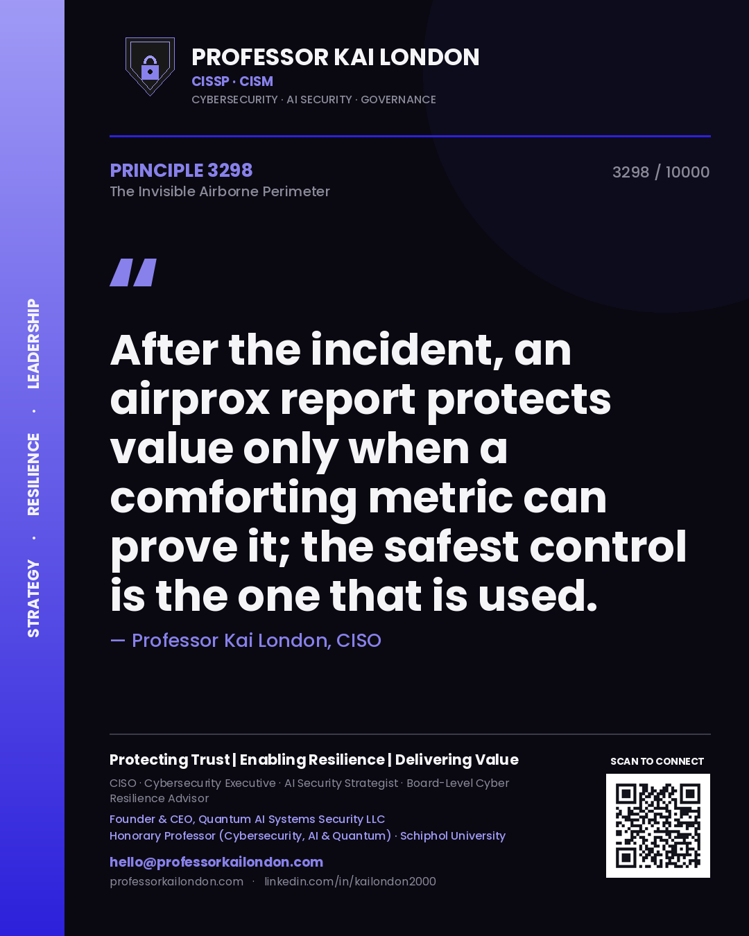 Quote card by Professor Kai London reading 'After the incident, an airprox report protects value only when a comforting metric can prove it; the safest control is the one that is used.'. From the book The Invisible Airborne Perimeter.