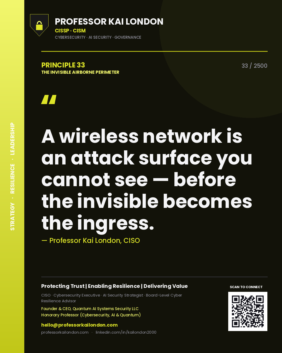 Quote card by Professor Kai London reading 'A wireless network is an attack surface you cannot see — before the invisible becomes the ingress.'. From the book The Invisible Airborne Perimeter.