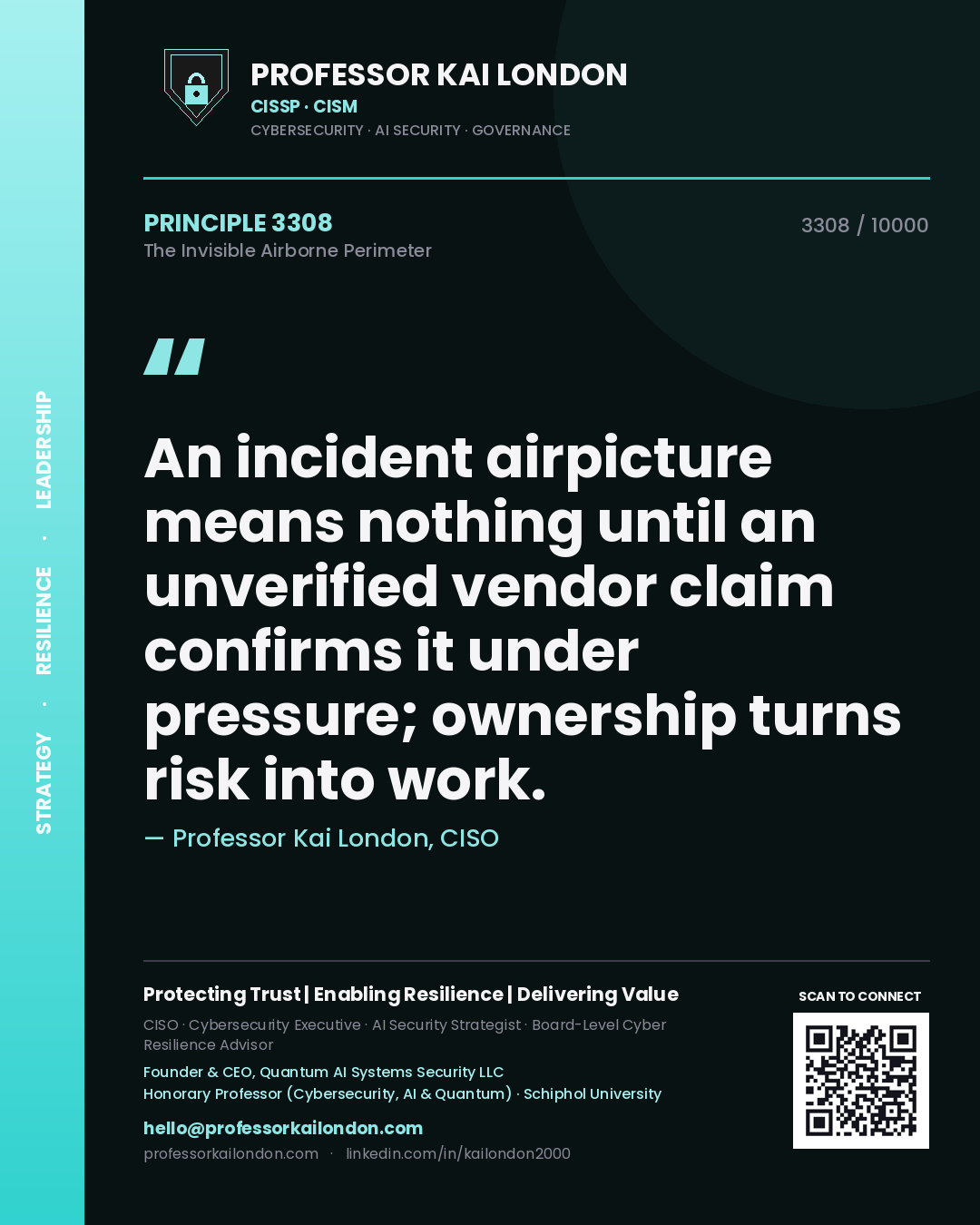 Professor Kai London principle 3308: An incident airpicture means nothing until an unverified vendor claim confirms it under pressure; ownership turns risk into work.
