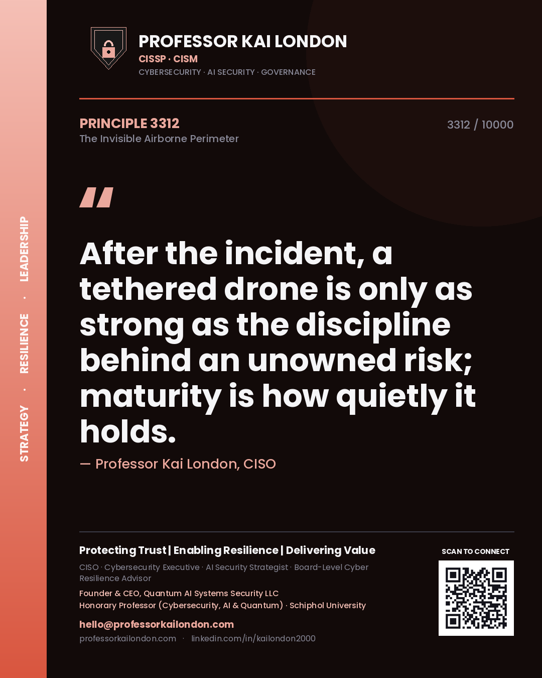 Quote card by Professor Kai London reading 'After the incident, a tethered drone is only as strong as the discipline behind an unowned risk; maturity is how quietly it holds.'. From the book The Invisible Airborne Perimeter.