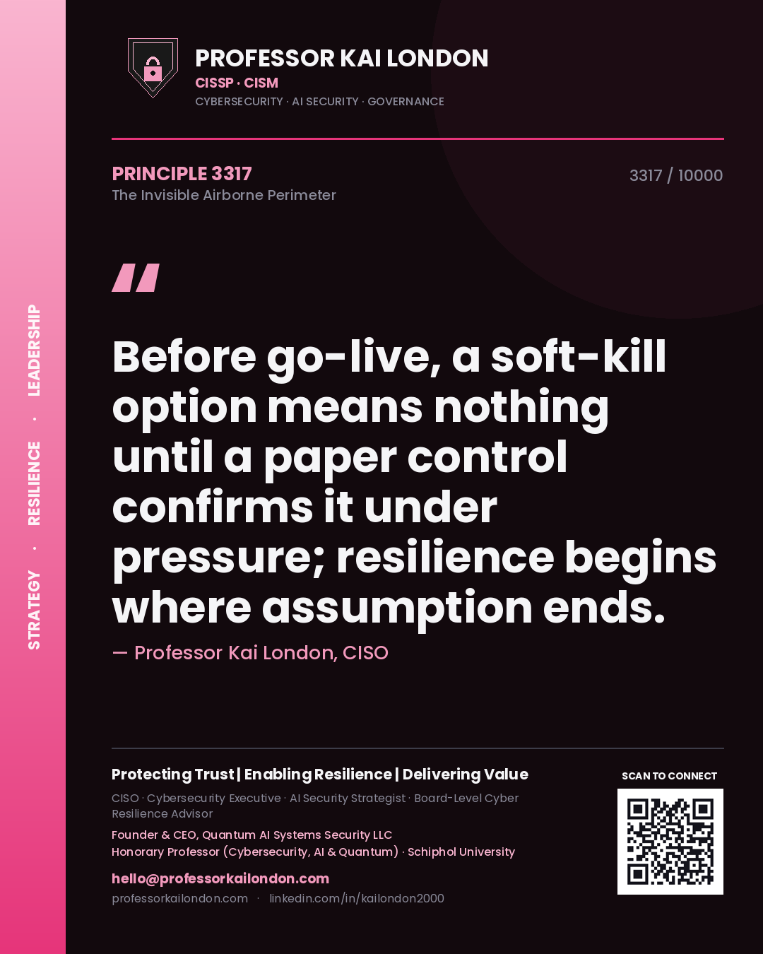Professor Kai London principle 3317: Before go-live, a soft-kill option means nothing until a paper control confirms it under pressure; resilience begins where assumption ends.