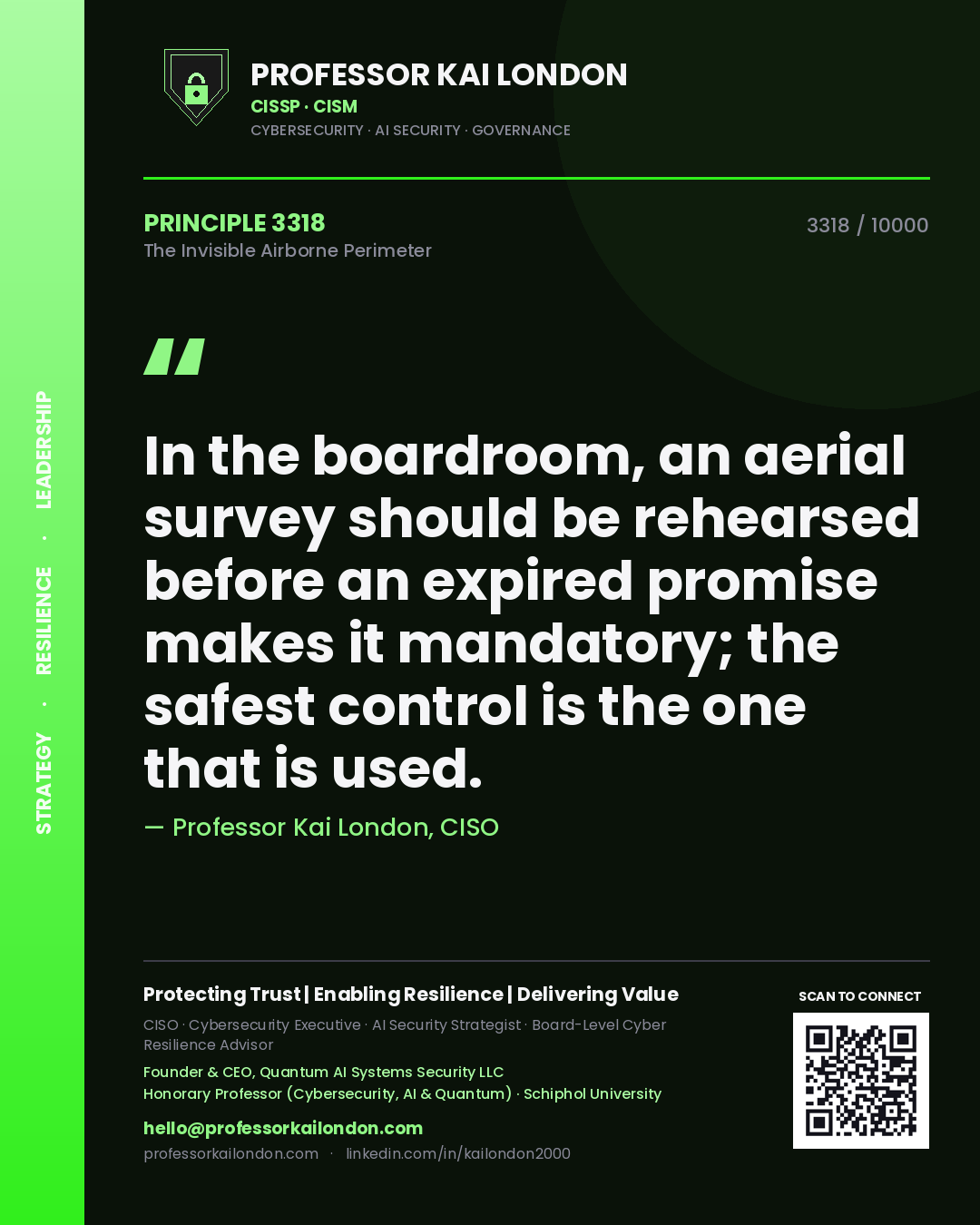 Professor Kai London principle 3318: In the boardroom, an aerial survey should be rehearsed before an expired promise makes it mandatory; the safest control is the one that is used.