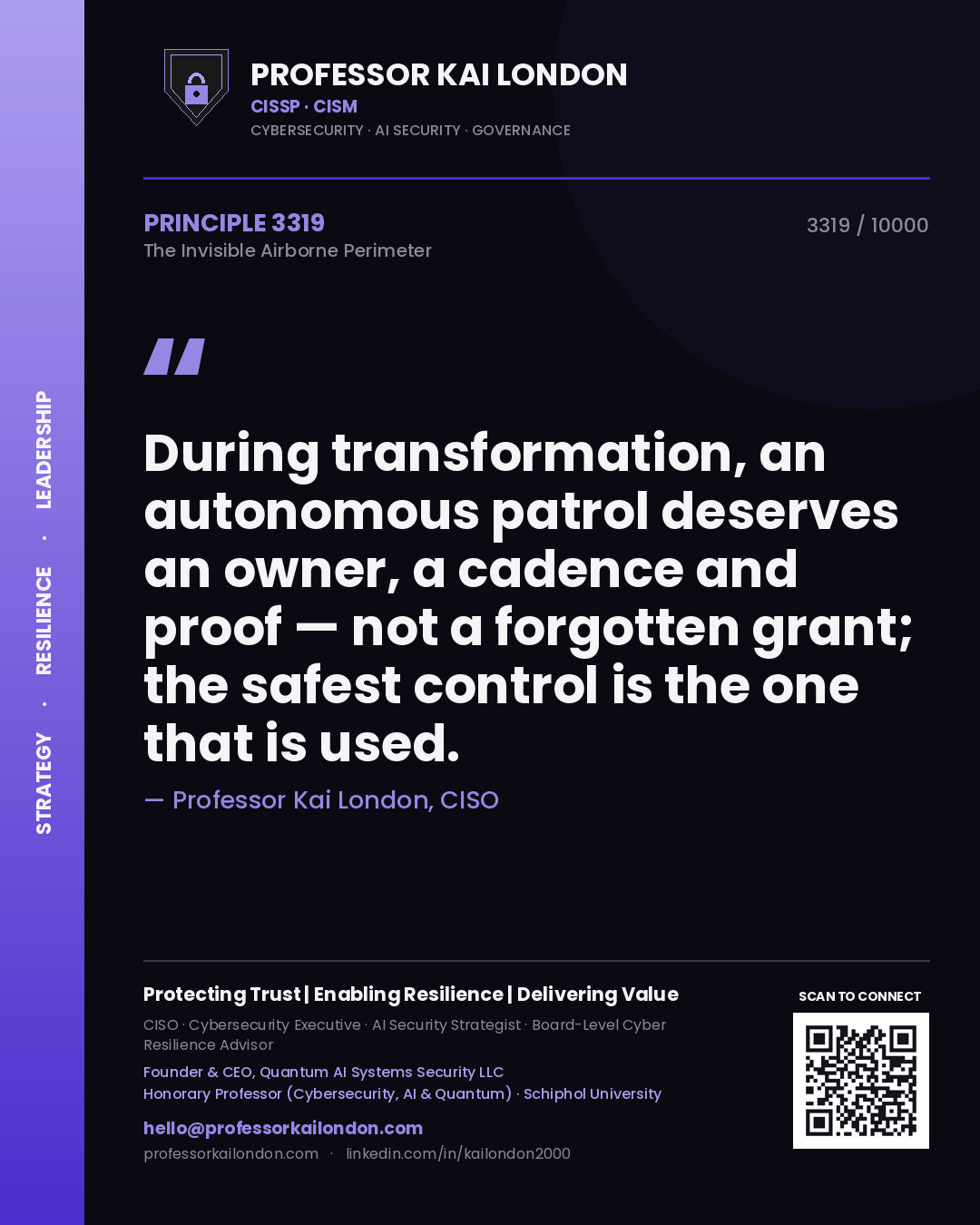 Professor Kai London principle 3319: During transformation, an autonomous patrol deserves an owner, a cadence and proof — not a forgotten grant; the safest control is the one that is used.