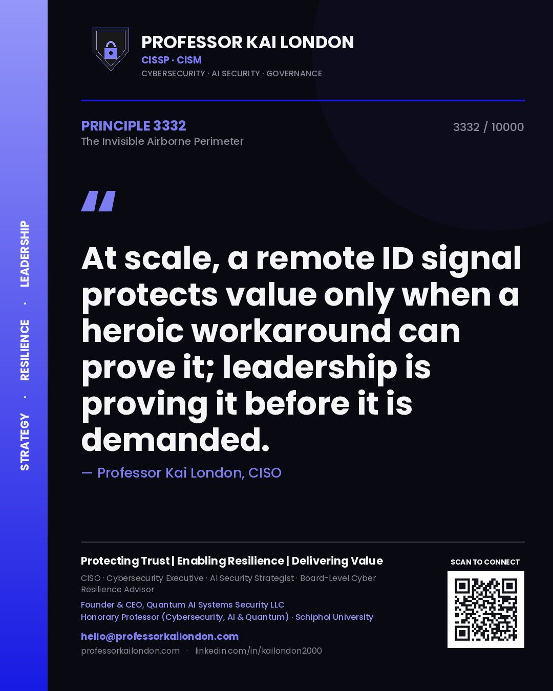 Quote card by Professor Kai London reading 'At scale, a remote ID signal protects value only when a heroic workaround can prove it; leadership is proving it before it is demanded.'. From the book The Invisible Airborne Perimeter.