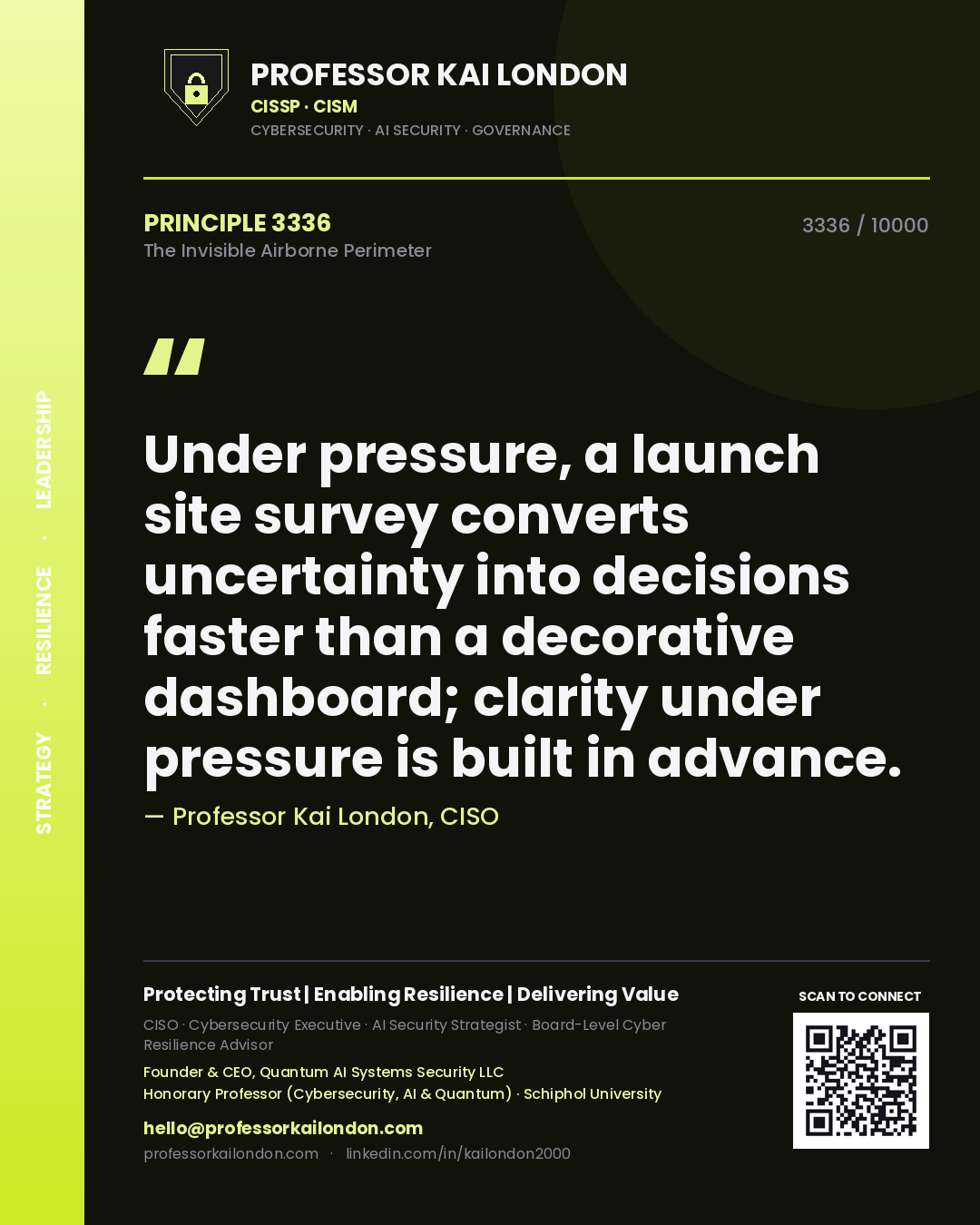 Professor Kai London principle 3336: Under pressure, a launch site survey converts uncertainty into decisions faster than a decorative dashboard; clarity under pressure is built in advance.