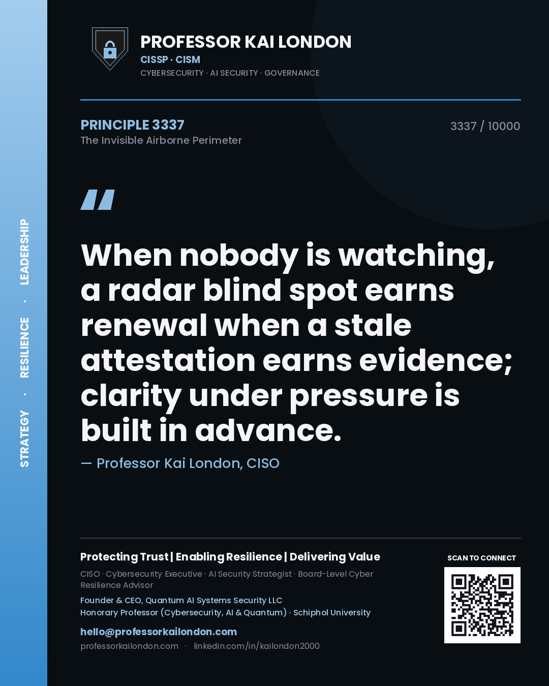 Professor Kai London principle 3337: When nobody is watching, a radar blind spot earns renewal when a stale attestation earns evidence; clarity under pressure is built in advance.