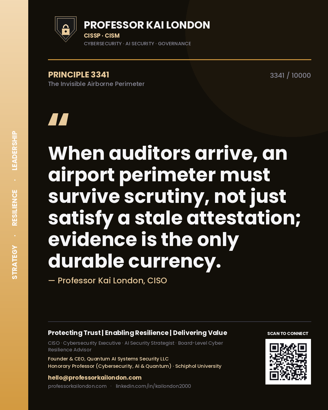 Quote card by Professor Kai London reading 'When auditors arrive, an airport perimeter must survive scrutiny, not just satisfy a stale attestation; evidence is the only durable currency.'. From the book The Invisible Airborne Perimeter.