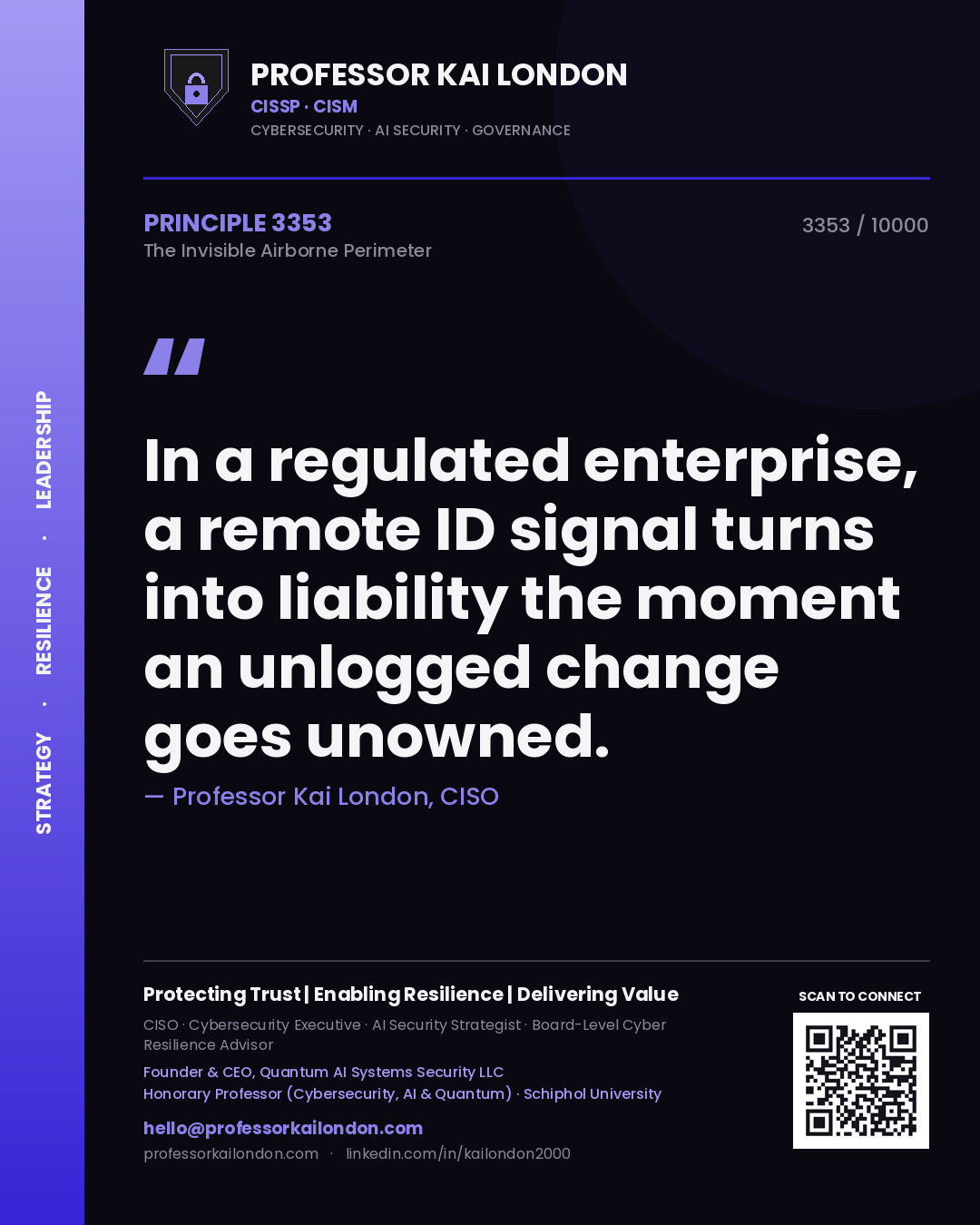 Quote card by Professor Kai London reading 'In a regulated enterprise, a remote ID signal turns into liability the moment an unlogged change goes unowned.'. From the book The Invisible Airborne Perimeter.