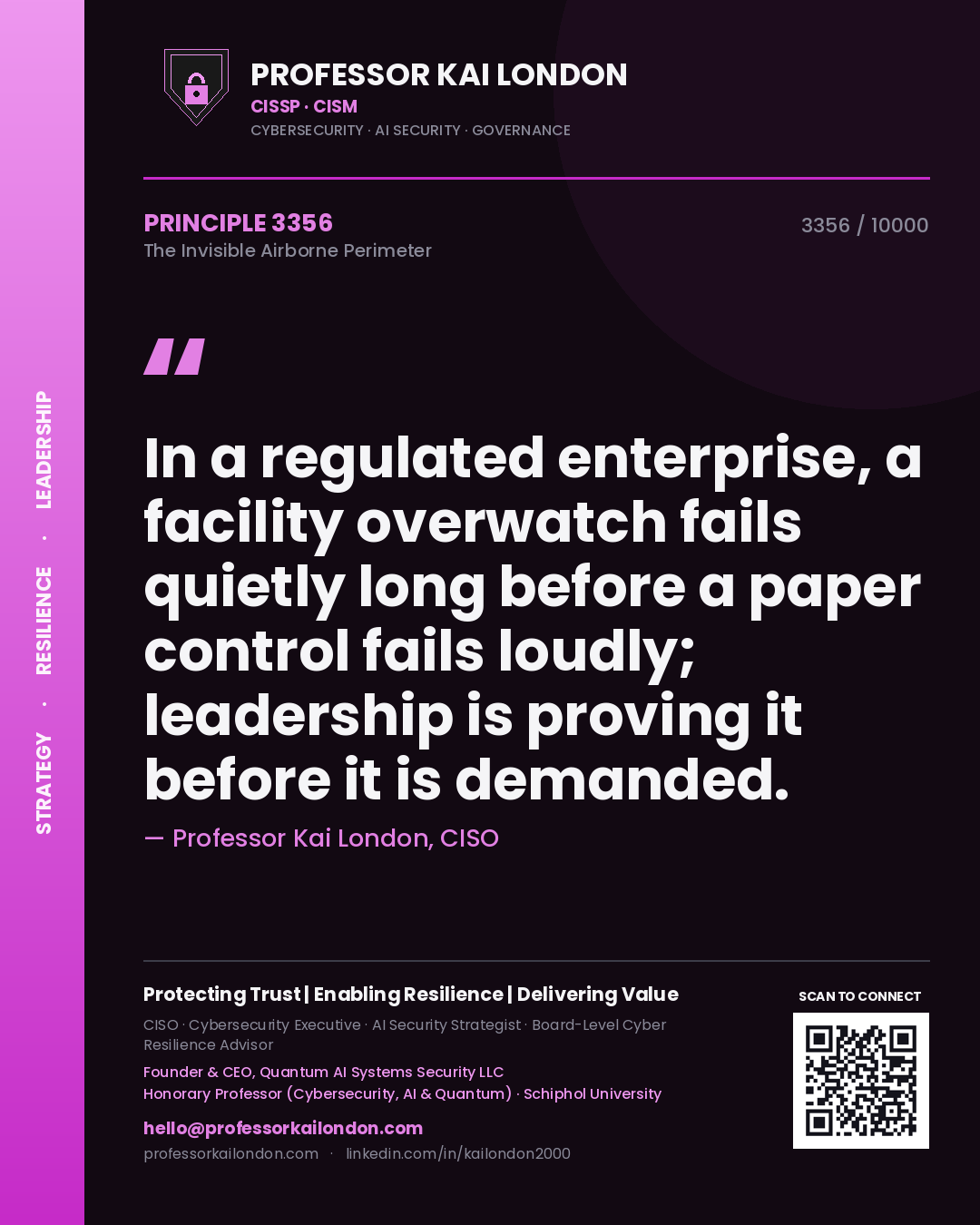 Professor Kai London principle 3356: In a regulated enterprise, a facility overwatch fails quietly long before a paper control fails loudly; leadership is proving it before it is demanded.