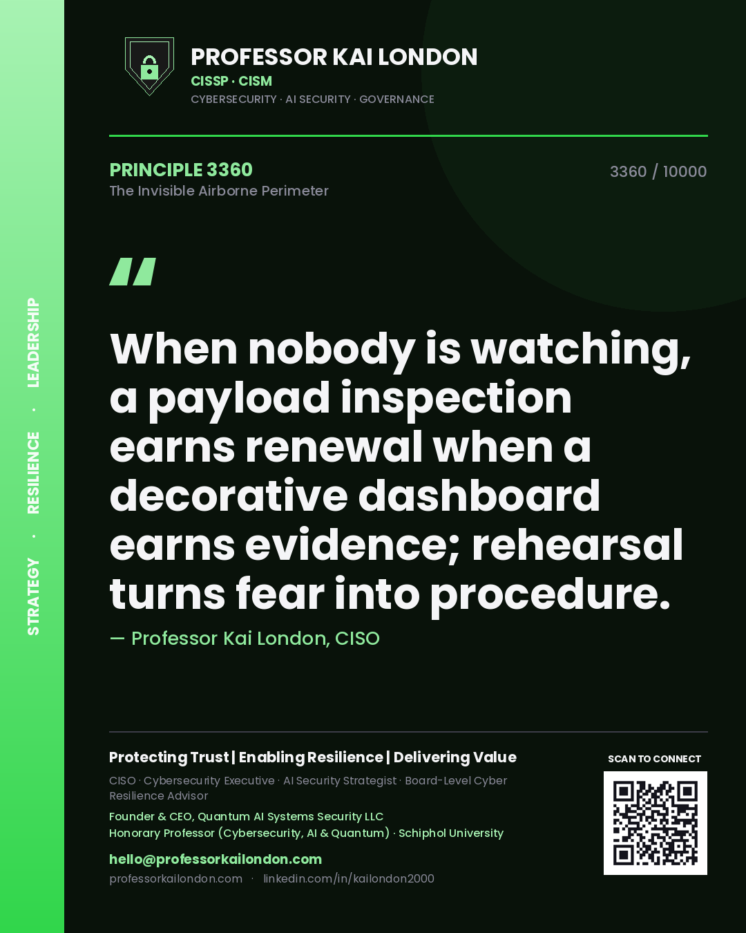 Professor Kai London principle 3360: When nobody is watching, a payload inspection earns renewal when a decorative dashboard earns evidence; rehearsal turns fear into procedure.