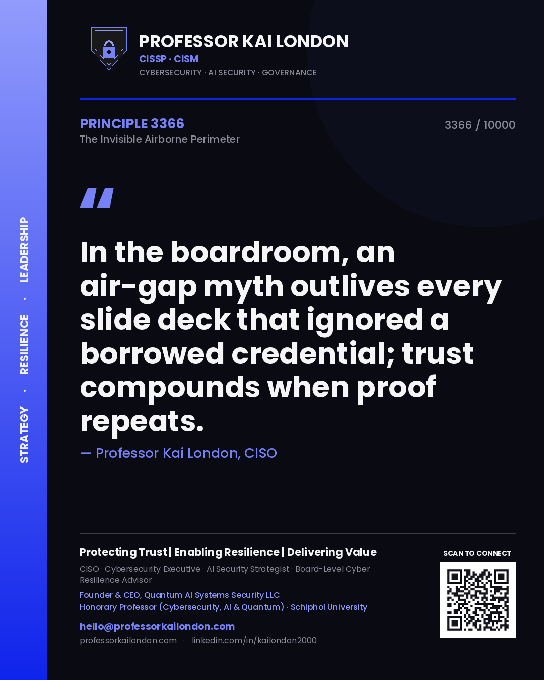 Quote card by Professor Kai London reading 'In the boardroom, an air-gap myth outlives every slide deck that ignored a borrowed credential; trust compounds when proof repeats.'. From the book The Invisible Airborne Perimeter.