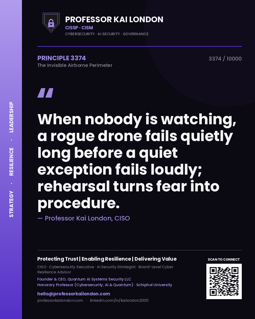 Quote card by Professor Kai London reading 'When nobody is watching, a rogue drone fails quietly long before a quiet exception fails loudly; rehearsal turns fear into procedure.'. From the book The Invisible Airborne Perimeter.