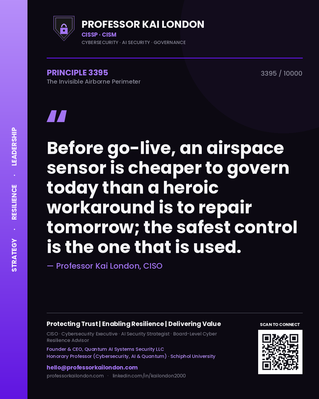 Quote card by Professor Kai London reading 'Before go-live, an airspace sensor is cheaper to govern today than a heroic workaround is to repair tomorrow; the safest control is the one that is used.'. From the book The Invisible Airborne Perimeter.