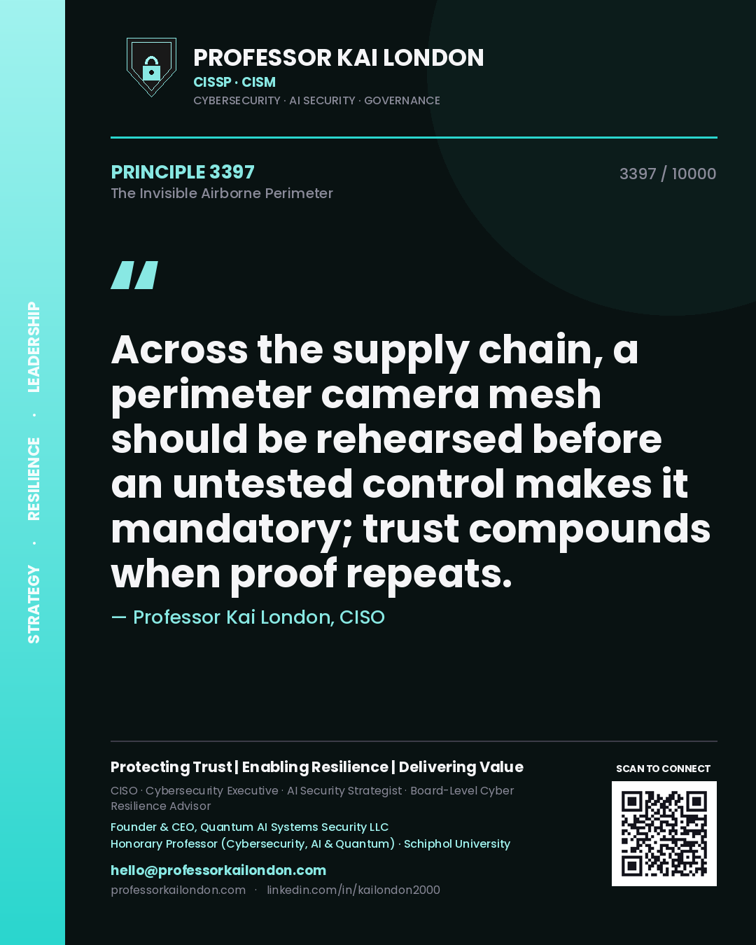 Professor Kai London principle 3397: Across the supply chain, a perimeter camera mesh should be rehearsed before an untested control makes it mandatory; trust compounds when proof repeats.