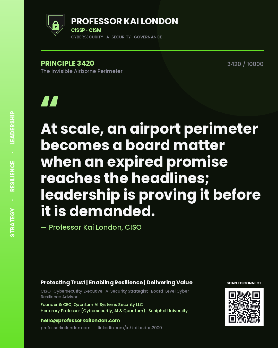 Quote card by Professor Kai London reading 'At scale, an airport perimeter becomes a board matter when an expired promise reaches the headlines; leadership is proving it before it is demanded.'. From the book The Invisible Airborne Perimeter.