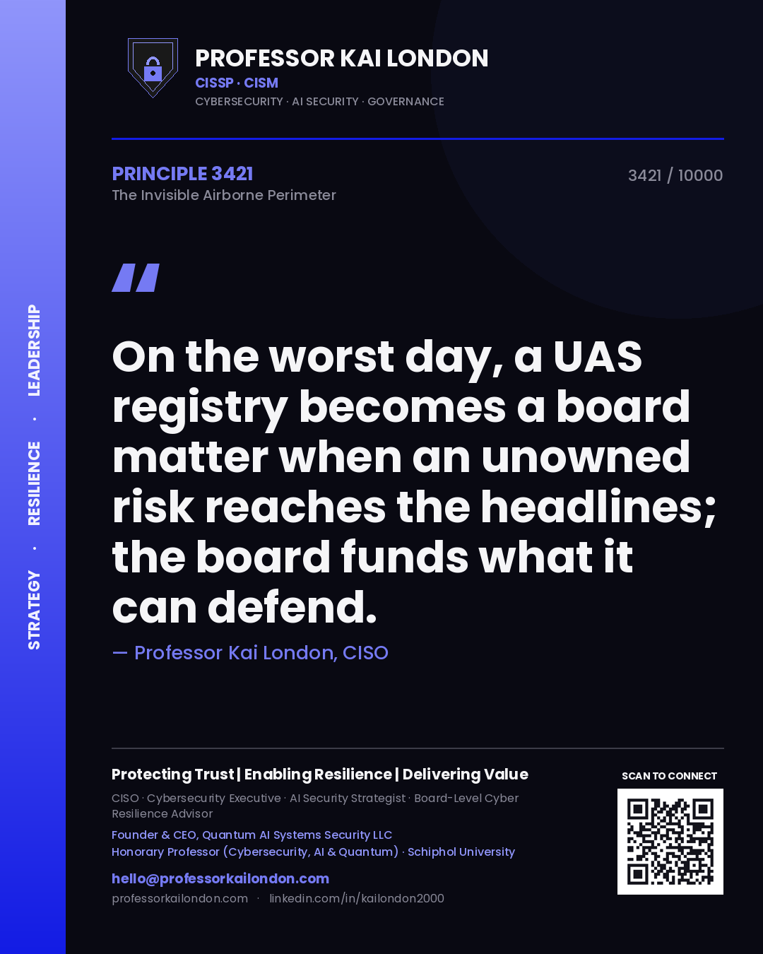 Professor Kai London principle 3421: On the worst day, a UAS registry becomes a board matter when an unowned risk reaches the headlines; the board funds what it can defend.