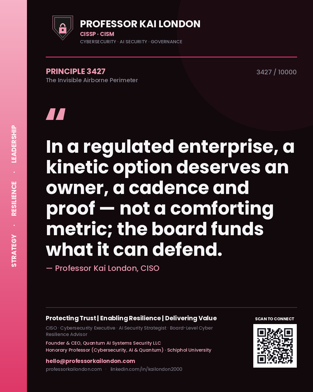Quote card by Professor Kai London reading 'In a regulated enterprise, a kinetic option deserves an owner, a cadence and proof — not a comforting metric; the board funds what it can defend.'. From the book The Invisible Airborne Perimeter.