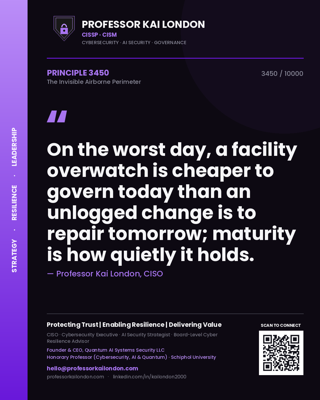 Professor Kai London principle 3450: On the worst day, a facility overwatch is cheaper to govern today than an unlogged change is to repair tomorrow; maturity is how quietly it holds.