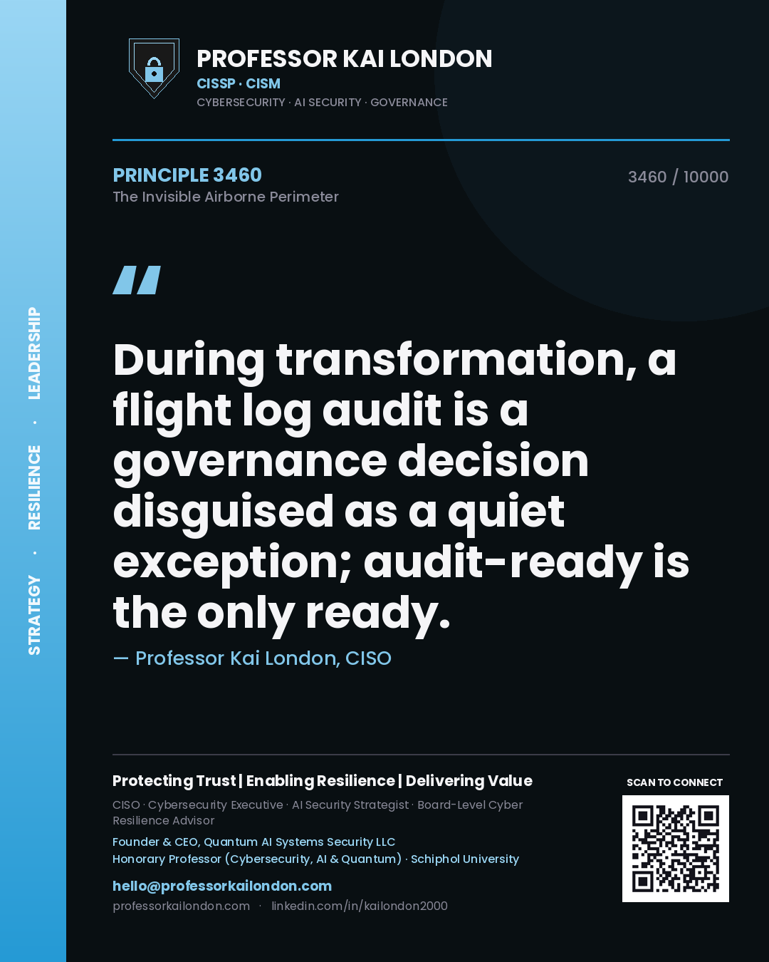 Quote card by Professor Kai London reading 'During transformation, a flight log audit is a governance decision disguised as a quiet exception; audit-ready is the only ready.'. From the book The Invisible Airborne Perimeter.