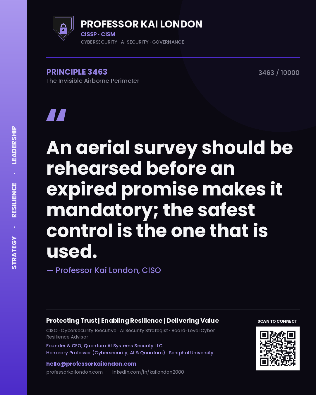 Professor Kai London principle 3463: An aerial survey should be rehearsed before an expired promise makes it mandatory; the safest control is the one that is used.
