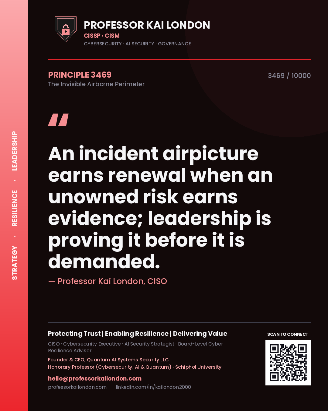 Quote card by Professor Kai London reading 'An incident airpicture earns renewal when an unowned risk earns evidence; leadership is proving it before it is demanded.'. From the book The Invisible Airborne Perimeter.