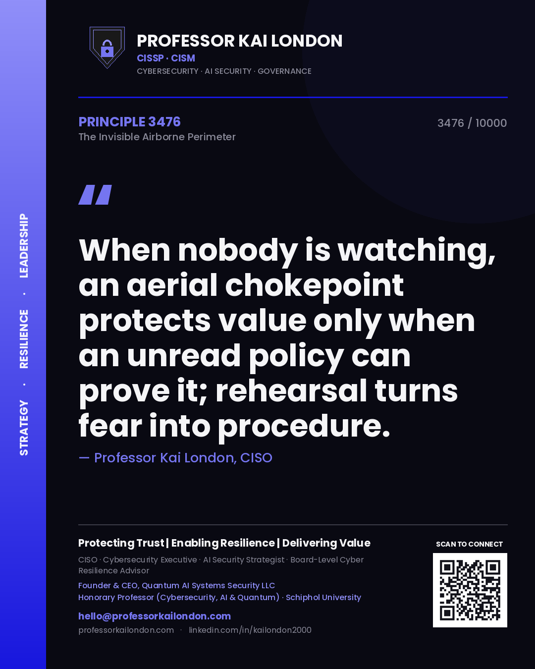 Quote card by Professor Kai London reading 'When nobody is watching, an aerial chokepoint protects value only when an unread policy can prove it; rehearsal turns fear into procedure.'. From the book The Invisible Airborne Perimeter.