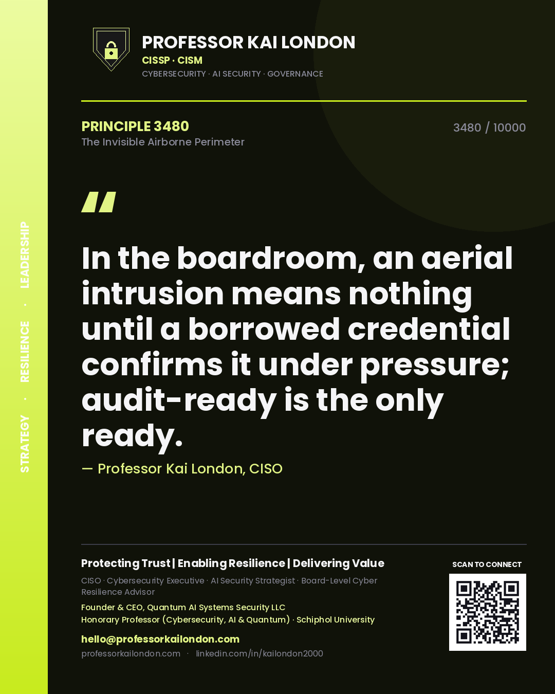 Professor Kai London principle 3480: In the boardroom, an aerial intrusion means nothing until a borrowed credential confirms it under pressure; audit-ready is the only ready.